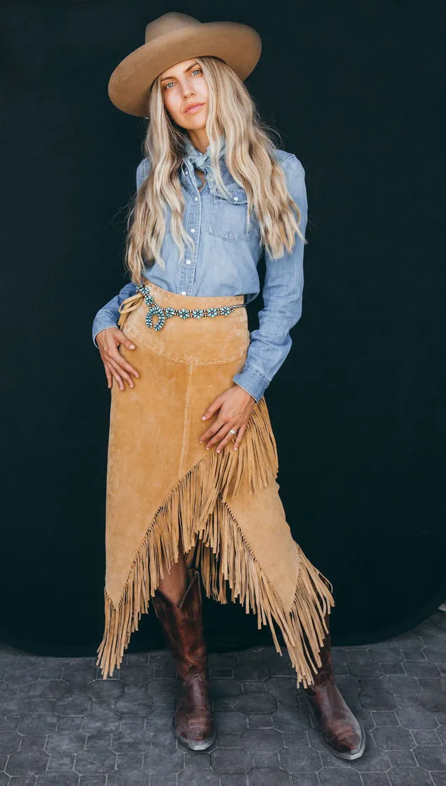 Skirt, Long Western Suede Leather with Fringe - Style L659