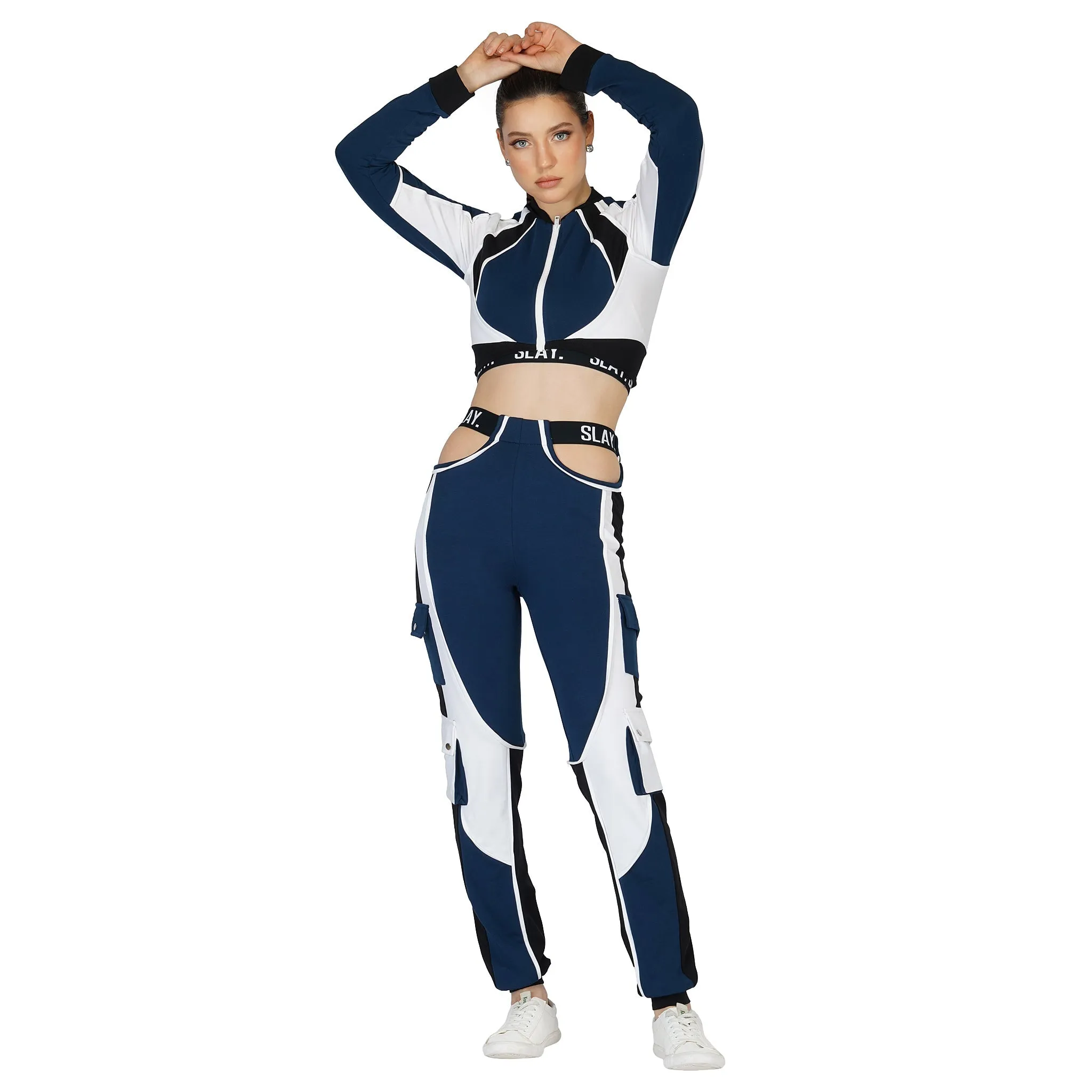 SLAY. Women's Activewear Navy Blue Black White Colorblock Crop Jacket