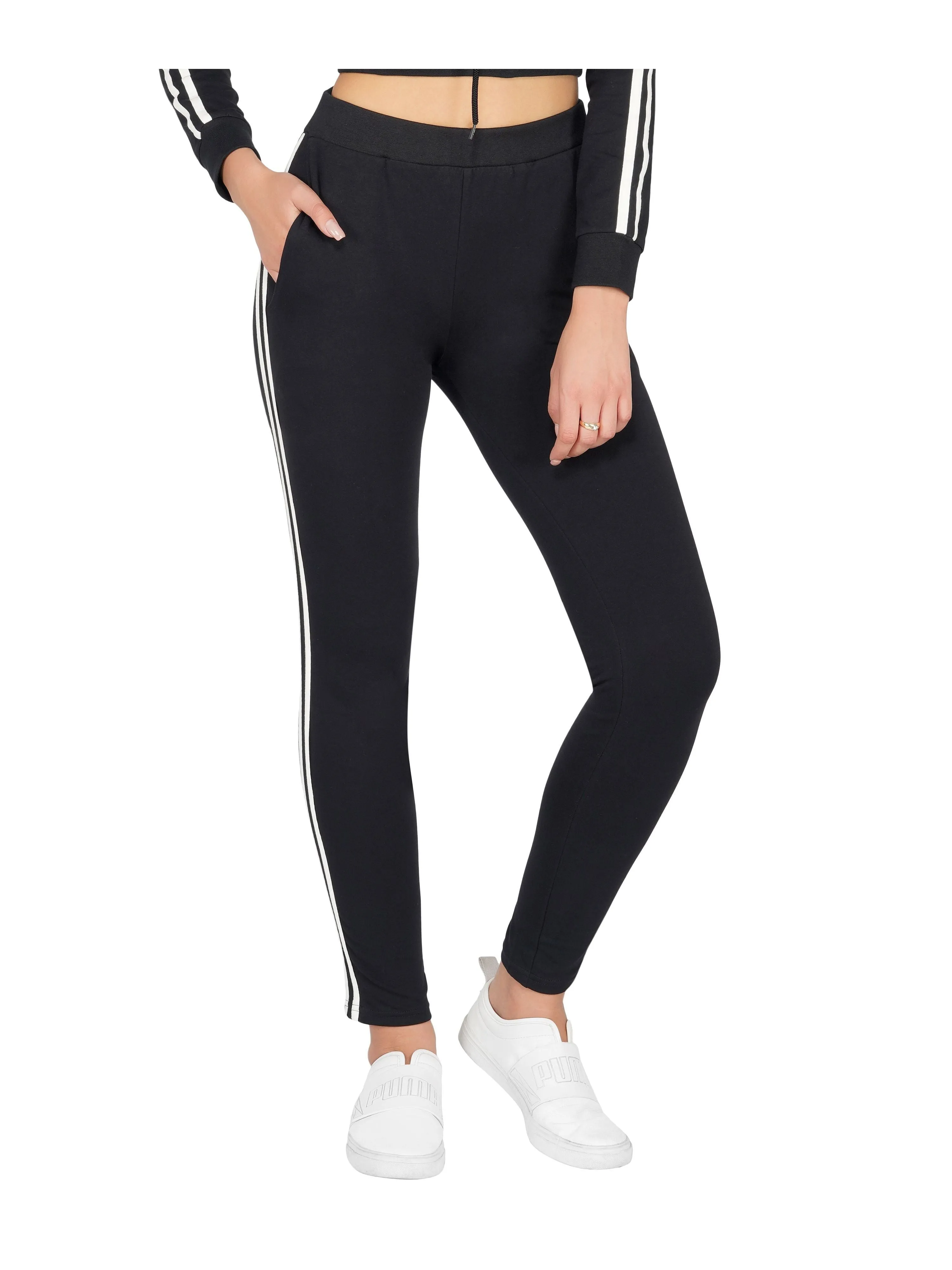 SLAY. Women's Black Jogger Pants With White Stripes