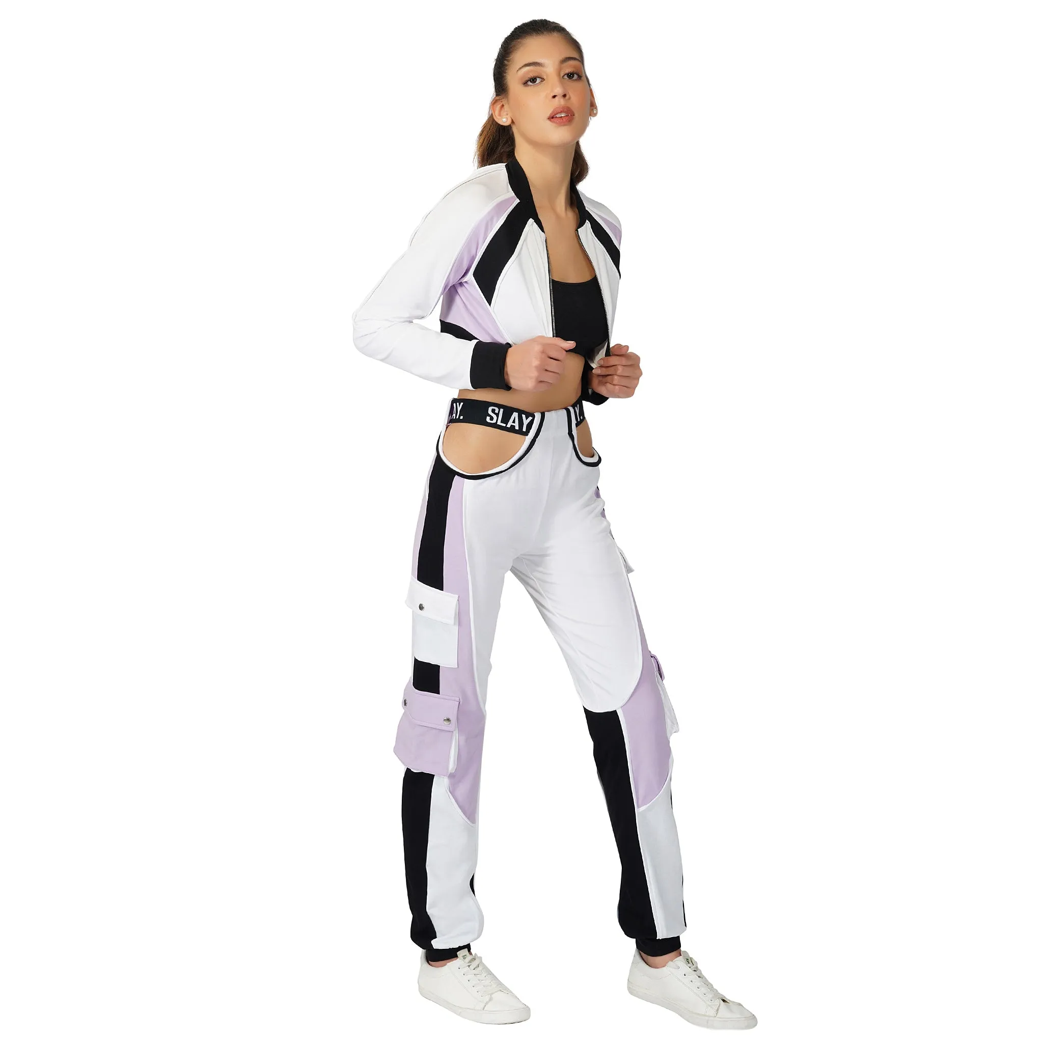 SLAY. Women's Lavender  Lilac White Black Co ord Set - Colorblock Crop Jacket & Cargo Pants