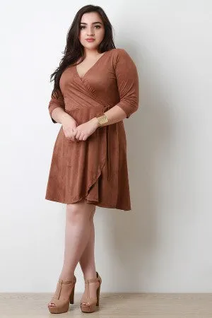 Vegan Suede Wrap Style Half Sleeve Skater Dress