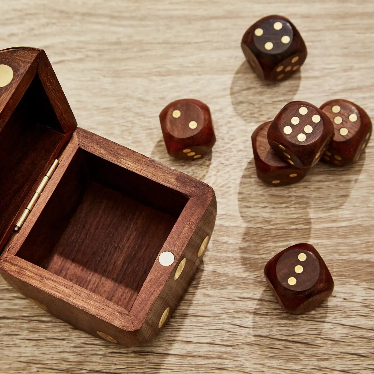 Wood Crafted Dice Box with 6 Dice - Acacia Wood/Brass